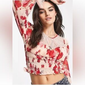 Free People Red and Cream Floral Blouse